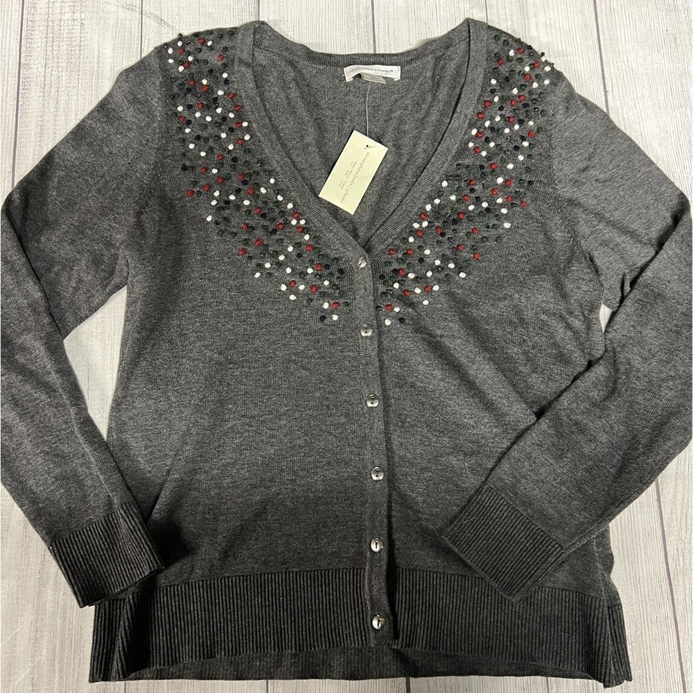 Christopher & Banks Gray Light Christmas Colored Dots Cardigan Women's Small NWT